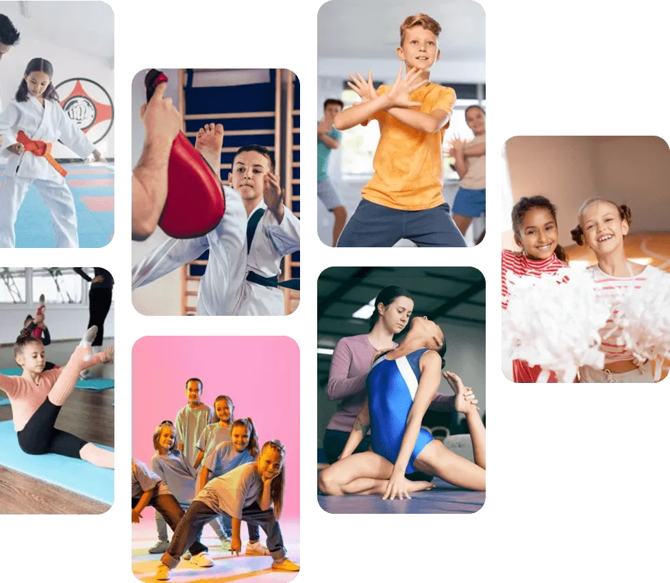 A collage of kids in karate, dance, gymnastics and cheer classes