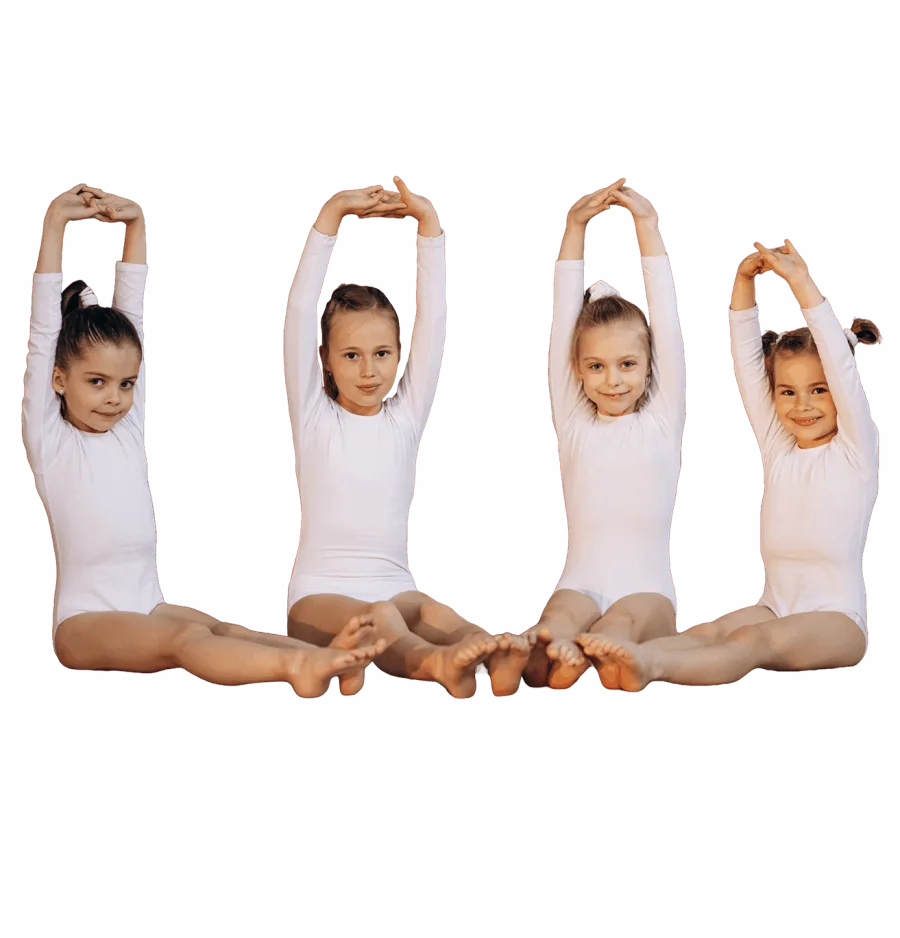 Four young dancers stretching with their arms raised